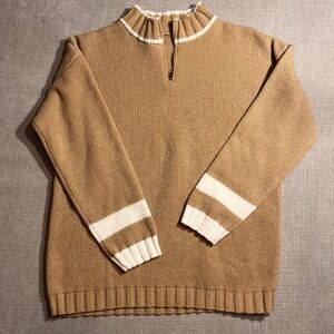 Unisex Tan Quarter Zip Sweater Knit Ribbed Collar Striped Cuffs Medium